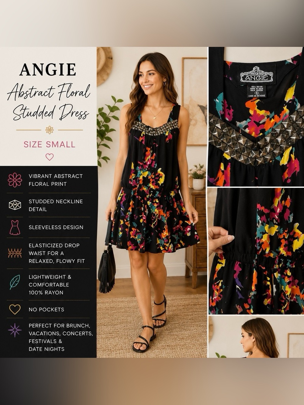Angie Black Abstract Floral Studded Dress | Size S | Boho Drop Waist